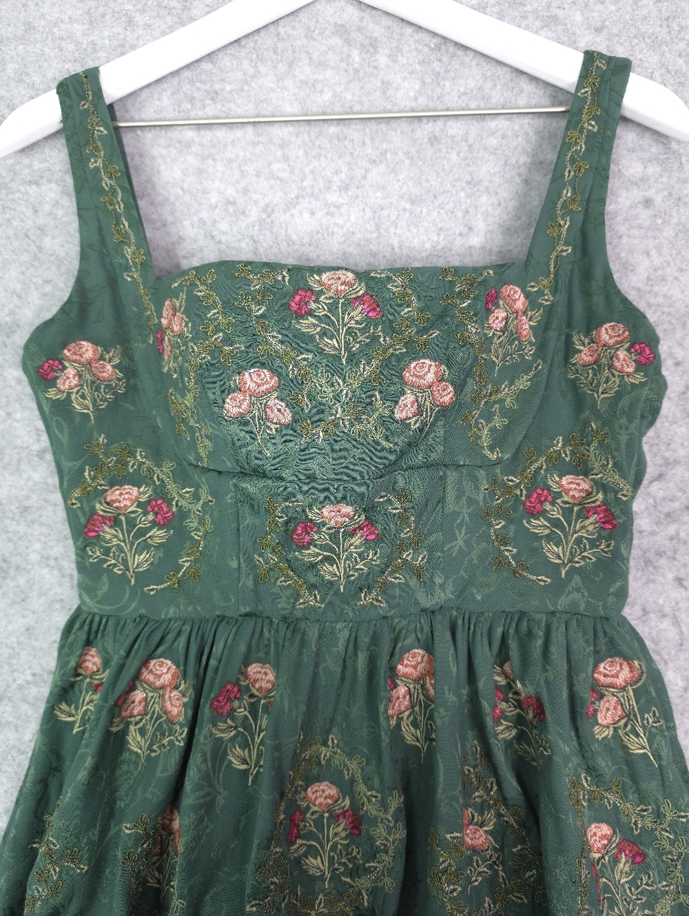 Agua Bendita Miramar Memoria Green Floral Embroidered Midi Dress Square Neck - Picture 7 of 15